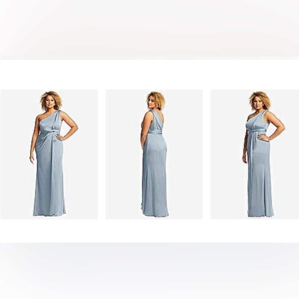 NEW Dessy Collection Sky Blue One Shoulder Draped Twist Empire Waist Maxi Gown 4